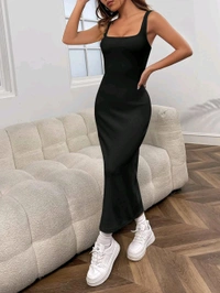 Women's Casual Sleeveless Square Neck High Waist Rib Knit Tank Long Dress - Black, XXL
