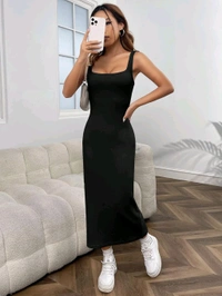 Women's Casual Sleeveless Square Neck High Waist Rib Knit Tank Long Dress - Black, XXL