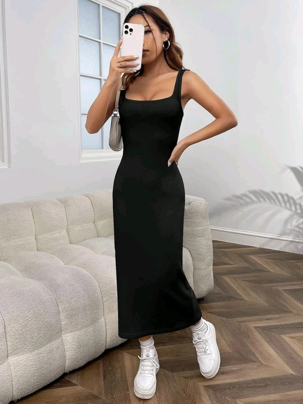 Women's Casual Sleeveless Square Neck High Waist Rib Knit Tank Long Dress - Black, XXL