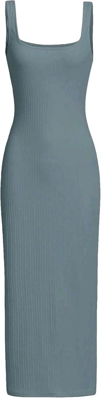 Women's Casual Sleeveless Square Neck High Waist Rib Knit Tank Long Dress - Dusty Blue, S