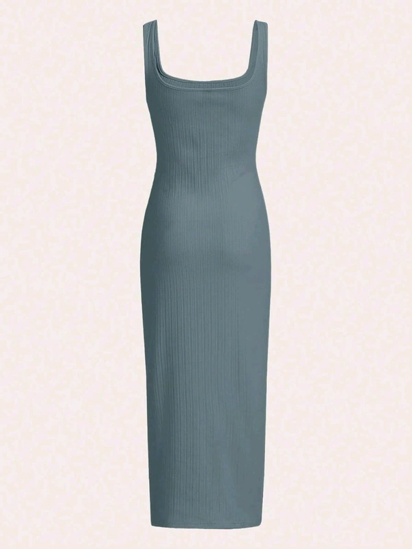 Women's Casual Sleeveless Square Neck High Waist Rib Knit Tank Long Dress - Dusty Blue, XL