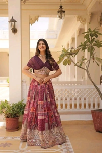Russian Silk Wine Lehenga Choli Set: Foil Print, Can-Can Flair - Crater Brown, XXL