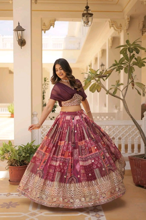 Russian Silk Wine Lehenga Choli Set: Foil Print, Can-Can Flair - Crater Brown, Free Size