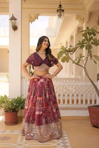 Russian Silk Wine Lehenga Choli Set: Foil Print, Can-Can Flair - Crater Brown, Free Size