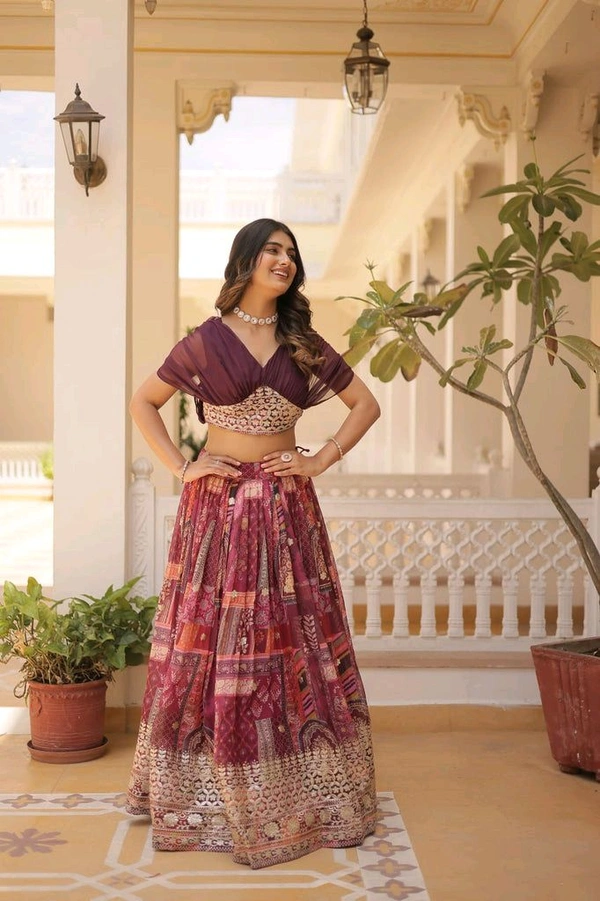 Russian Silk Wine Lehenga Choli Set: Foil Print, Can-Can Flair - Crater Brown, Free Size