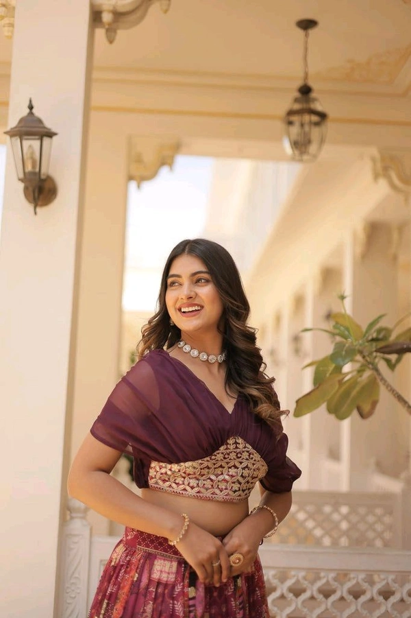 Russian Silk Wine Lehenga Choli Set: Foil Print, Can-Can Flair - Crater Brown, Free Size