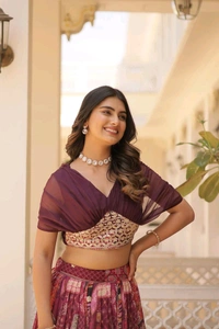 Russian Silk Wine Lehenga Choli Set: Foil Print, Can-Can Flair - Crater Brown, Free Size