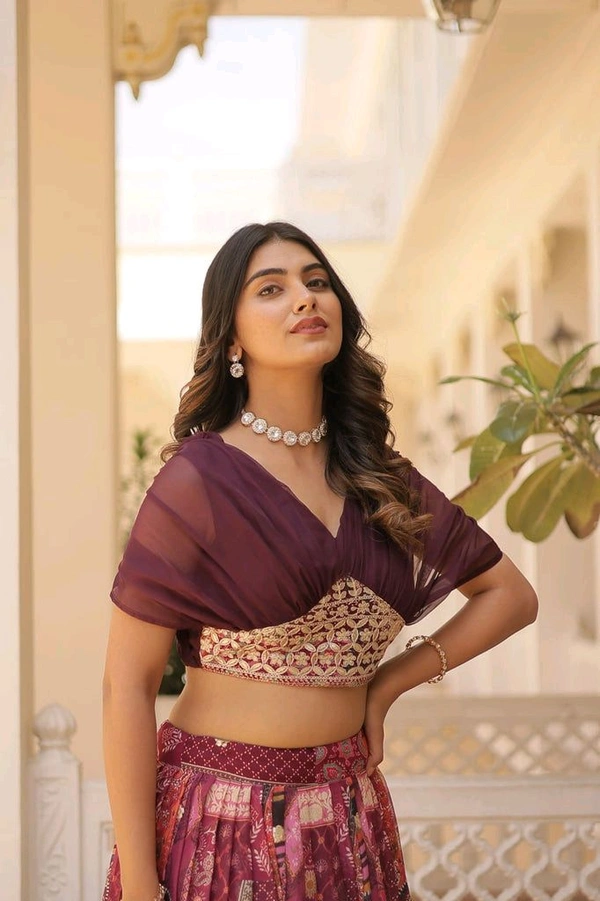 Russian Silk Wine Lehenga Choli Set: Foil Print, Can-Can Flair - Crater Brown, Free Size