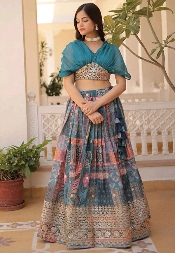 Russian Silk Wine Lehenga Choli Set: Foil Print, Can-Can Flair - Astral, XXL