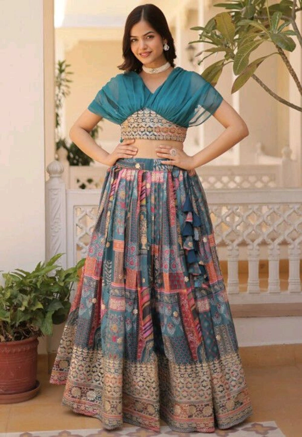 Russian Silk Wine Lehenga Choli Set: Foil Print, Can-Can Flair - Astral, XXL