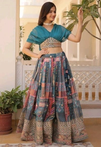 Russian Silk Wine Lehenga Choli Set: Foil Print, Can-Can Flair - Astral, XXL