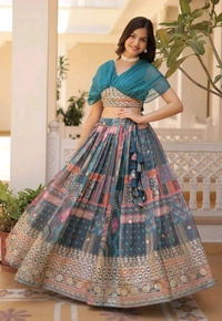 Russian Silk Wine Lehenga Choli Set: Foil Print, Can-Can Flair - Astral, XXL