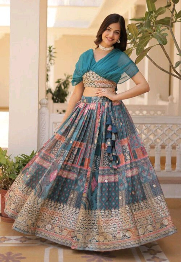 Russian Silk Wine Lehenga Choli Set: Foil Print, Can-Can Flair - Astral, XXL