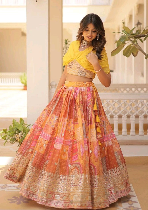 Russian Silk Wine Lehenga Choli Set: Foil Print, Can-Can Flair - Saffron Mango, XL