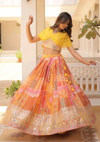 Russian Silk Wine Lehenga Choli Set: Foil Print, Can-Can Flair - Saffron Mango, Free Size
