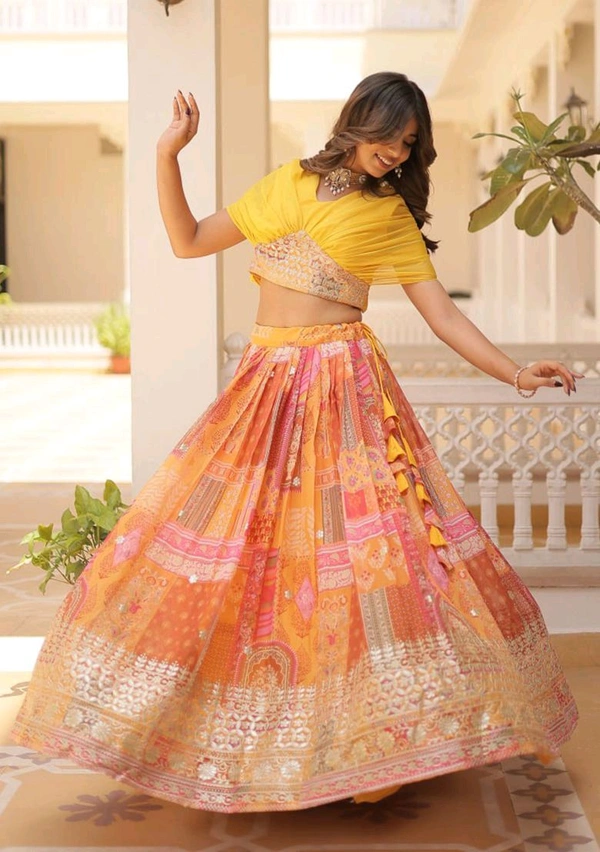 Russian Silk Wine Lehenga Choli Set: Foil Print, Can-Can Flair - Saffron Mango, Free Size