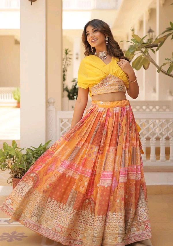 Russian Silk Wine Lehenga Choli Set: Foil Print, Can-Can Flair - Saffron Mango, Free Size