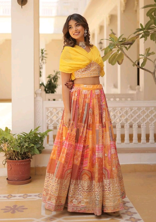 Russian Silk Wine Lehenga Choli Set: Foil Print, Can-Can Flair - Saffron Mango, Free Size