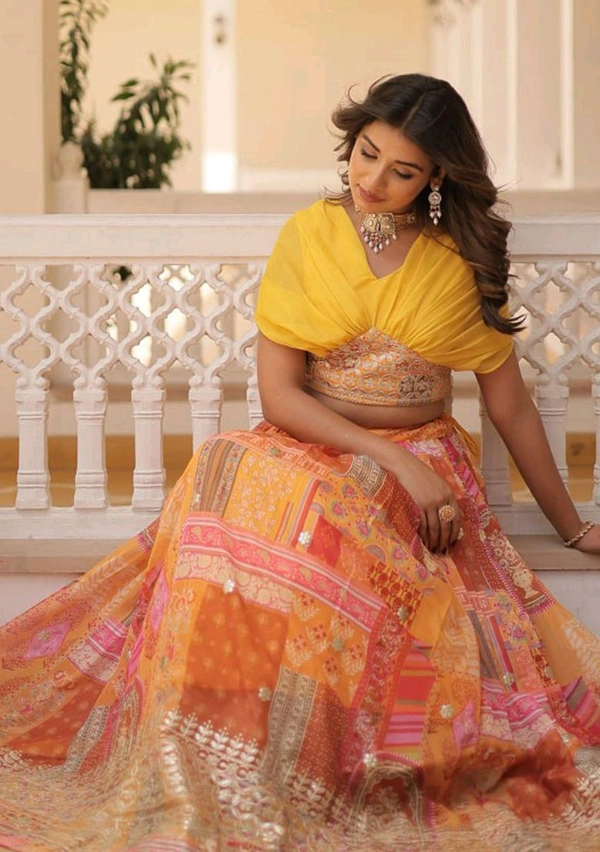 Russian Silk Wine Lehenga Choli Set: Foil Print, Can-Can Flair - Saffron Mango, Free Size
