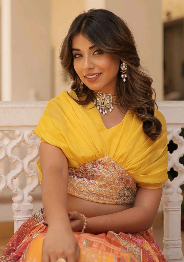 Russian Silk Wine Lehenga Choli Set: Foil Print, Can-Can Flair - Saffron Mango, Free Size