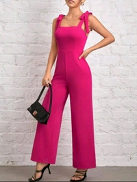 Womens Jumpsuit Tie Shoulder Wide Leg Cami Jumpsuit Zipper High Waist Casual Romper

 - Pink, XL