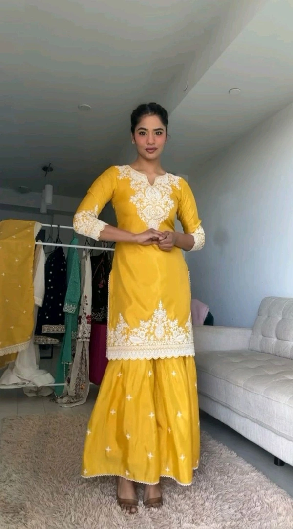 Beautiful Yellow Color Chinnon Silk thread With Sequence Sharara Suit
 - Buddha Gold, M