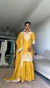 Beautiful Yellow Color Chinnon Silk thread With Sequence Sharara Suit
 - Buddha Gold, M