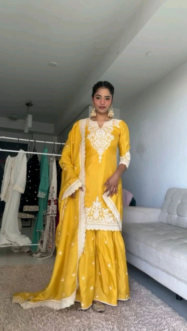 Beautiful Yellow Color Chinnon Silk thread With Sequence Sharara Suit
 - Buddha Gold, M
