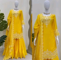 Beautiful Yellow Color Chinnon Silk thread With Sequence Sharara Suit
 - Buddha Gold, M