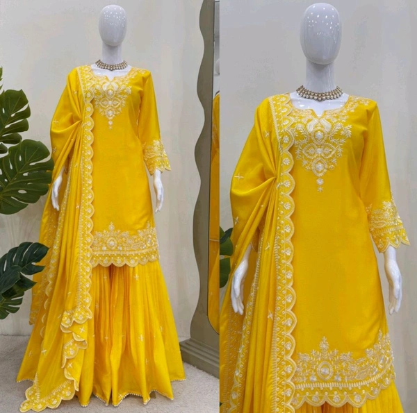 Beautiful Yellow Color Chinnon Silk thread With Sequence Sharara Suit
 - Buddha Gold, M