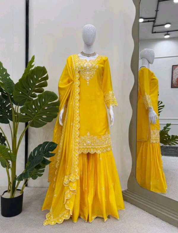 Beautiful Yellow Color Chinnon Silk thread With Sequence Sharara Suit
 - Buddha Gold, M
