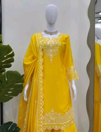 Beautiful Yellow Color Chinnon Silk thread With Sequence Sharara Suit
 - Buddha Gold, M