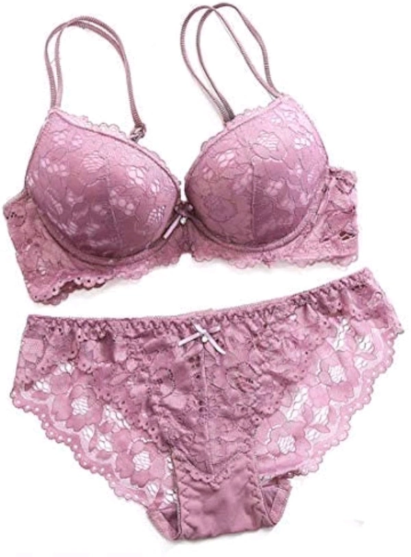 Premium Women's Padded Bra Penty Set | Net Fabric Padded Underwire Undergarments Set Lingerie | Push-Up Underbody Polyamide Set for Women - Purple, 28A