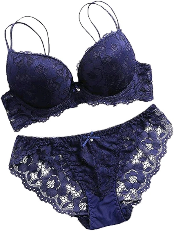 Premium Women's Padded Bra Penty Set | Net Fabric Padded Underwire Undergarments Set Lingerie | Push-Up Underbody Polyamide Set for Women - Blue, 32A