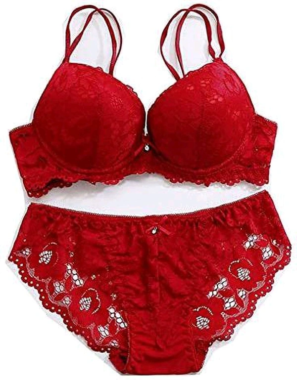 Premium Women's Padded Bra Penty Set | Net Fabric Padded Underwire Undergarments Set Lingerie | Push-Up Underbody Polyamide Set for Women - Red, 34A