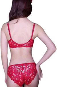 Premium Women's Padded Bra Penty Set | Net Fabric Padded Underwire Undergarments Set Lingerie | Push-Up Underbody Polyamide Set for Women - Red, 36A