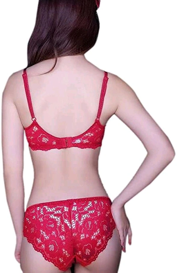 Premium Women's Padded Bra Penty Set | Net Fabric Padded Underwire Undergarments Set Lingerie | Push-Up Underbody Polyamide Set for Women - Red, 36A