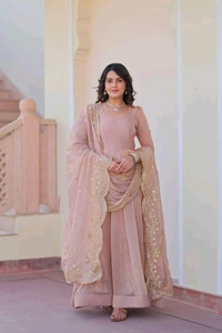 Shiny Dark Beige Designer Fendi Chiffon Gown With Embroidery Work Dupatta
 - Rosy Brown, M