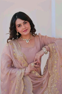 Shiny Dark Beige Designer Fendi Chiffon Gown With Embroidery Work Dupatta
 - Rosy Brown, XL