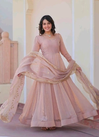 Shiny Dark Beige Designer Fendi Chiffon Gown With Embroidery Work Dupatta
 - Rosy Brown, XL