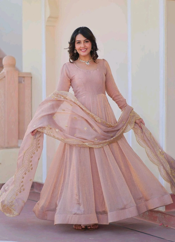 Shiny Dark Beige Designer Fendi Chiffon Gown With Embroidery Work Dupatta
 - Rosy Brown, XL
