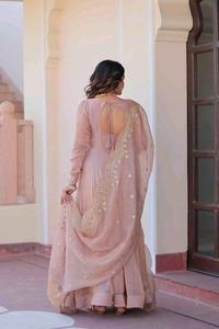 Shiny Dark Beige Designer Fendi Chiffon Gown With Embroidery Work Dupatta
 - Rosy Brown, XL