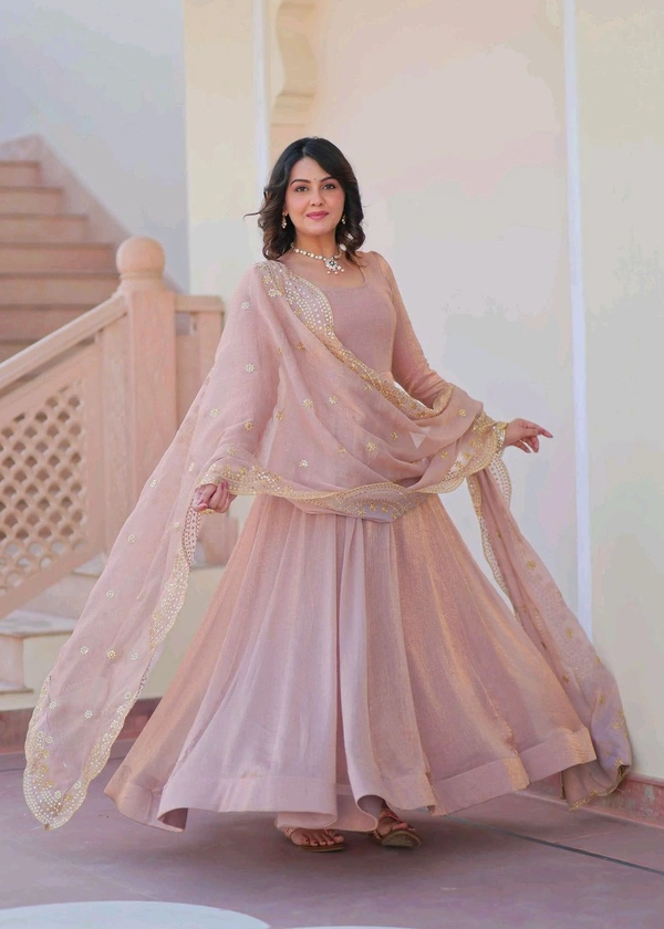 Shiny Dark Beige Designer Fendi Chiffon Gown With Embroidery Work Dupatta
 - Rosy Brown, XXL