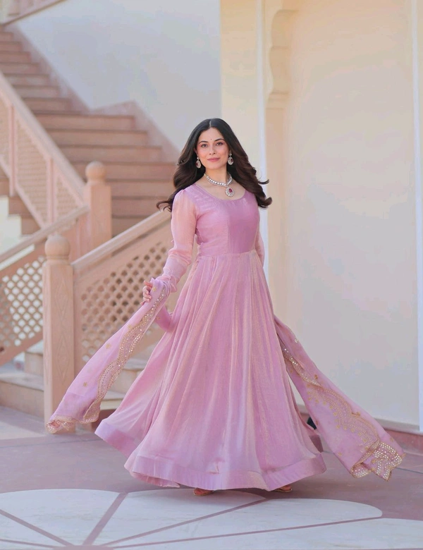 Shiny Dark Beige Designer Fendi Chiffon Gown With Embroidery Work Dupatta
 - purple dargon, L