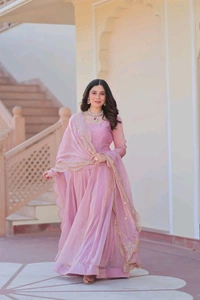 Shiny Dark Beige Designer Fendi Chiffon Gown With Embroidery Work Dupatta
 - purple dargon, L