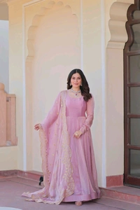 Shiny Dark Beige Designer Fendi Chiffon Gown With Embroidery Work Dupatta
 - purple dargon, L