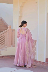 Shiny Dark Beige Designer Fendi Chiffon Gown With Embroidery Work Dupatta
 - purple dargon, L