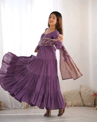 Pista Silk Gown With Jacquard Banarasi Dupatta - plum purple, XXL