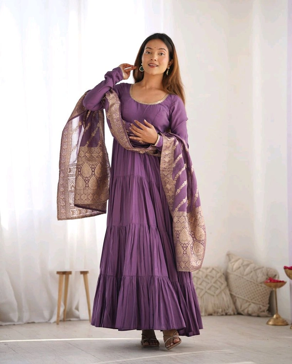 Pista Silk Gown With Jacquard Banarasi Dupatta - plum purple, 3XL