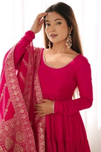 Pista Silk Gown With Jacquard Banarasi Dupatta - Lipstick Red, XS